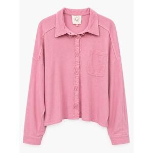 Fantastic Fawn Women Large Pink Cotton Oversized Crop Button Up Shacket Raw Hem
